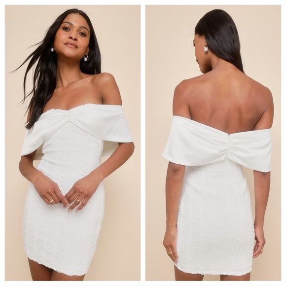 Lulus Dresses & Skirts - Lulus Quite Delightful White Lace Off-the-Shoulder Bodycon
Mini Dress